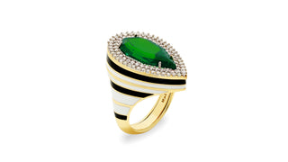 Unique Lab diamonds and pear emerald ring