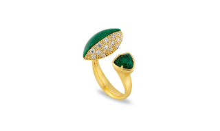 lab-grown trillion cut emerald, lab-created White Diamonds and Malachite ring